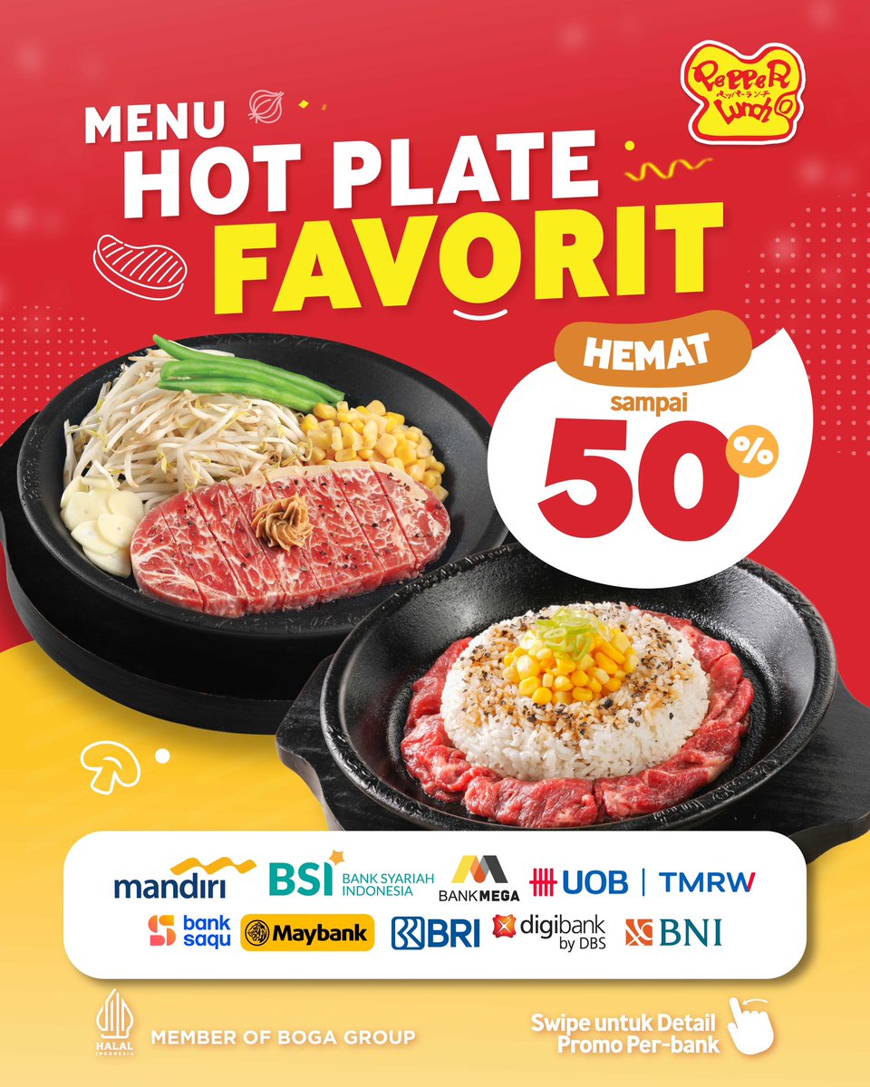 PepperLunchID's tweet image. Jadi lebih enak &amp;amp; tenang makannya kalau bertaburan promo gini 🤑✨

Tinggal pilih bank yang mana, untungnya banyak semua! 🥰

Yuk, ke Pepper Lunch terdekat!

#Promoterbarupepperlunch #Promobank #SteakhotplateJepang