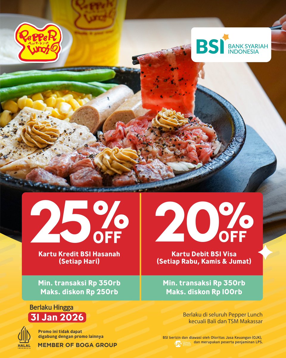 PepperLunchID's tweet image. Jadi lebih enak &amp;amp; tenang makannya kalau bertaburan promo gini 🤑✨

Tinggal pilih bank yang mana, untungnya banyak semua! 🥰

Yuk, ke Pepper Lunch terdekat!

#Promoterbarupepperlunch #Promobank #SteakhotplateJepang