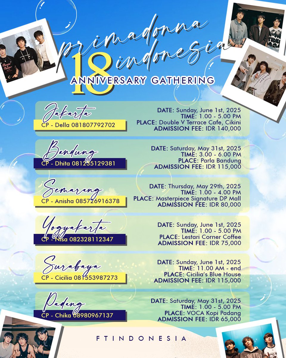 [EVENT] #PrimadonnaIndonesia 2025 Gathering

Jakarta - Bandung - Semarang - Yogyakarta - Surabaya - Padang

Silahkan registrasi via WA ke CP masing2 kota yg tertera di flyer ya~

Dresscode:
Tshirt Primadonna Indonesia + denim
(yg ga punya tshirtnya bisa pake baju warna kuning)