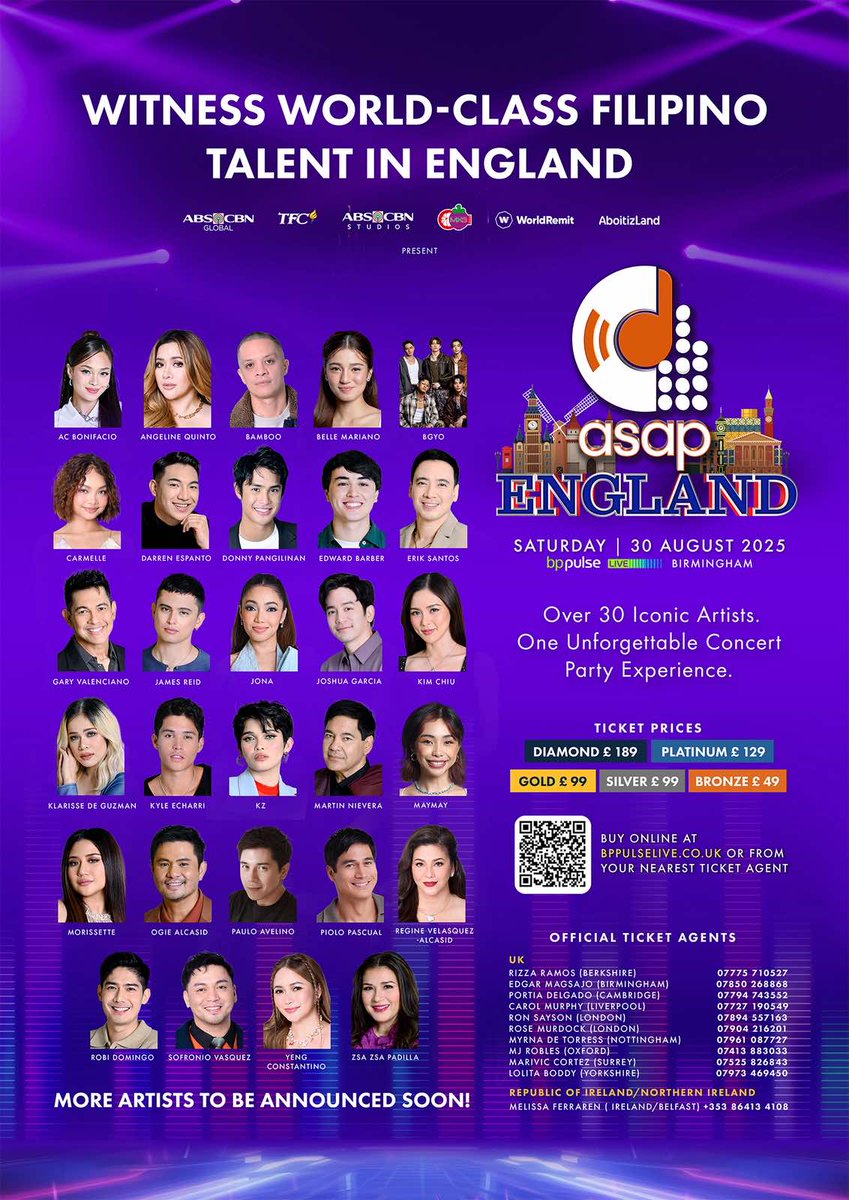 Just when you thought ASAP couldn't get any better… it always does! ✨✨
30 years of world-class Filipino talent are coming together to light up the stage at #ASAPEngland! 🤩 Get ready for the grandest, most exciting ASAP show to date!
📍 See you on August 30 at BP Pulse Live,