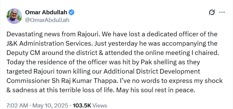 Additional District Development Commissioner Raj Kumar Thappa dies in Pakistani shelling in Rajouri, tweets J&amp;K CM Omar Abdullah
