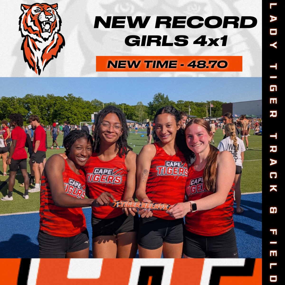 Tiger Nation, help us congratulate our Lady Tiger 4x1 Team of Haylie Williams, Brooklynn Moss, Aleah Jackson and Taraji Riley on breaking the school record today at Hillsboro! The old record was set in 2006! Great Job Ladies!!