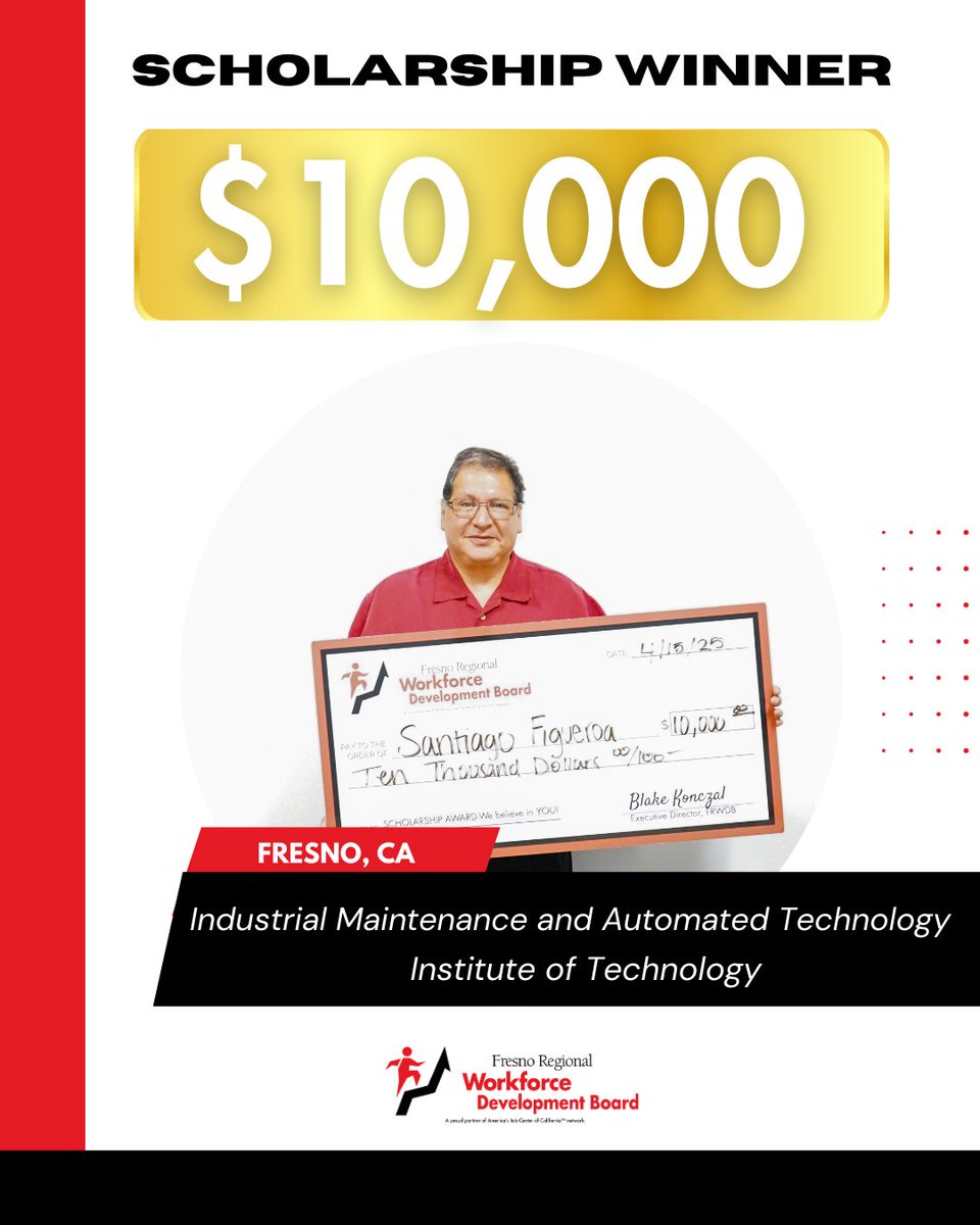 WDB_Fresno's tweet image. Congratulations to Santiago Figueroa, recipient of a $10,000 scholarship to pursue Industrial Maintenance and Automated Technology at the Institute of Technology! 🛠️🤖
⚡ #ScholarshipWinner #TechCareers #InstituteOfTechnology
