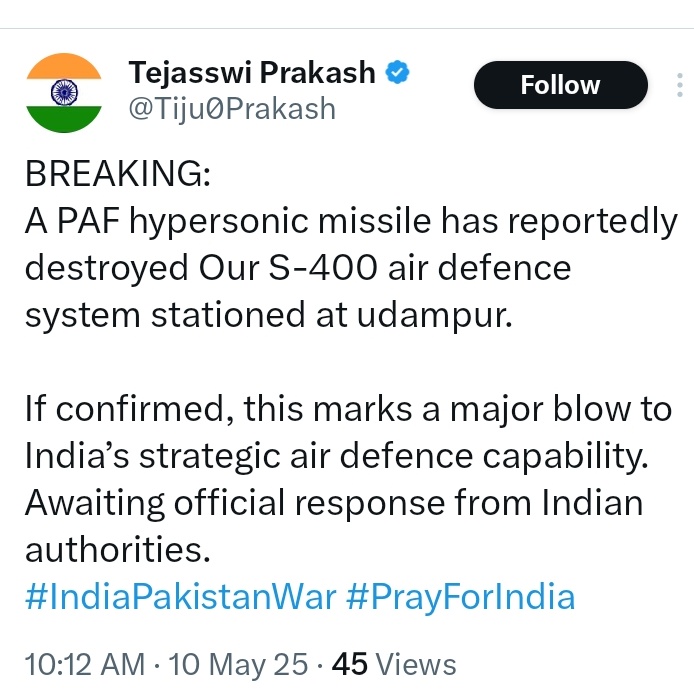 Arachnologistli's tweet photo. BREAKING:
A PAF hypersonic missile has reportedly destroyed Our S-400 air defence system stationed at udampur.

If confirmed, this marks a major blow to India’s strategic air defence capability.
Awaiting official response from Indian authorities.
#IndiaPakistanWar https://t.co/UZ3L4FV6Gh