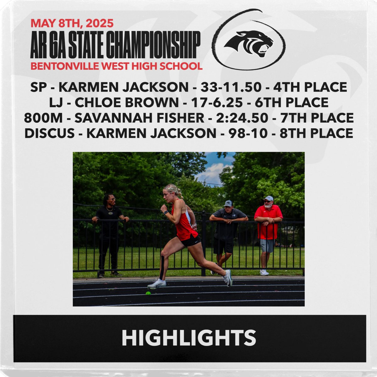 The Lady Panthers competed at the 6A State Championship at Bentonville West on Thursday, May 8th! The Lady Panthers placed 5th out of 15 teams with a total of 47 points! 🐾👟