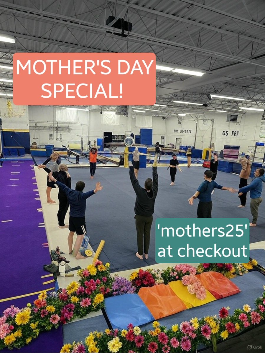 MOTHER'S DAY SALE! 
If you are a mom or have a mom, use 'mothers25' at checkout and get $10 off Adult Gymnastics this Sunday night (May 11). Come have a blast!