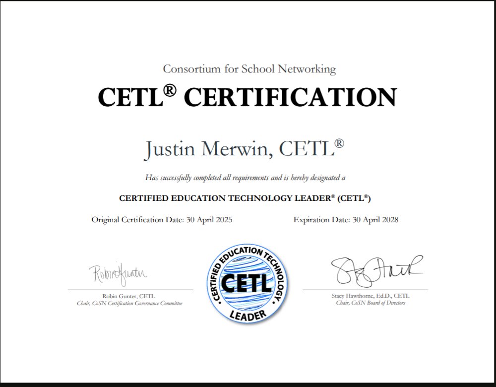 jmerwin210's tweet image. Excited to share that I have earned my CETL Certificate from @CoSN This was a personal and professional goal of mine. #edtech #k12tech
