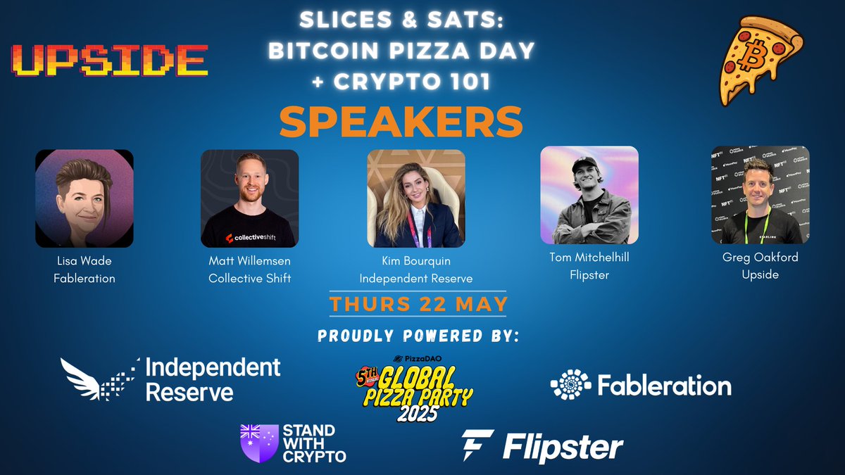 Upside (@0xupside) on Twitter photo Excited to announce our speaker line-up for Thursday 22nd May from 5:30pm onwards in Melbourne!
๐ Lisa Wade (<a href="/Fableration/">Fableration</a>)
๐ Matt Willemsen (<a href="/cshift_io/">Collective Shift</a>)
๐ Kim Bourquin (<a href="/indepreserve/">Independent Reserve</a>)
๐ Tom Mitchelhill (<a href="/flipster_io/">Flipster</a>)
๐ Greg Oakford (<a href="/0xUpside/">Upside</a>)
Also stoked to Excited to announce our speaker line-up for Thursday 22nd May from 5:30pm onwards in Melbourne!
๐ Lisa Wade (<a href="/Fableration/">Fableration</a>)
๐ Matt Willemsen (<a href="/cshift_io/">Collective Shift</a>)
๐ Kim Bourquin (<a href="/indepreserve/">Independent Reserve</a>)
๐ Tom Mitchelhill (<a href="/flipster_io/">Flipster</a>)
๐ Greg Oakford (<a href="/0xUpside/">Upside</a>)
Also stoked to