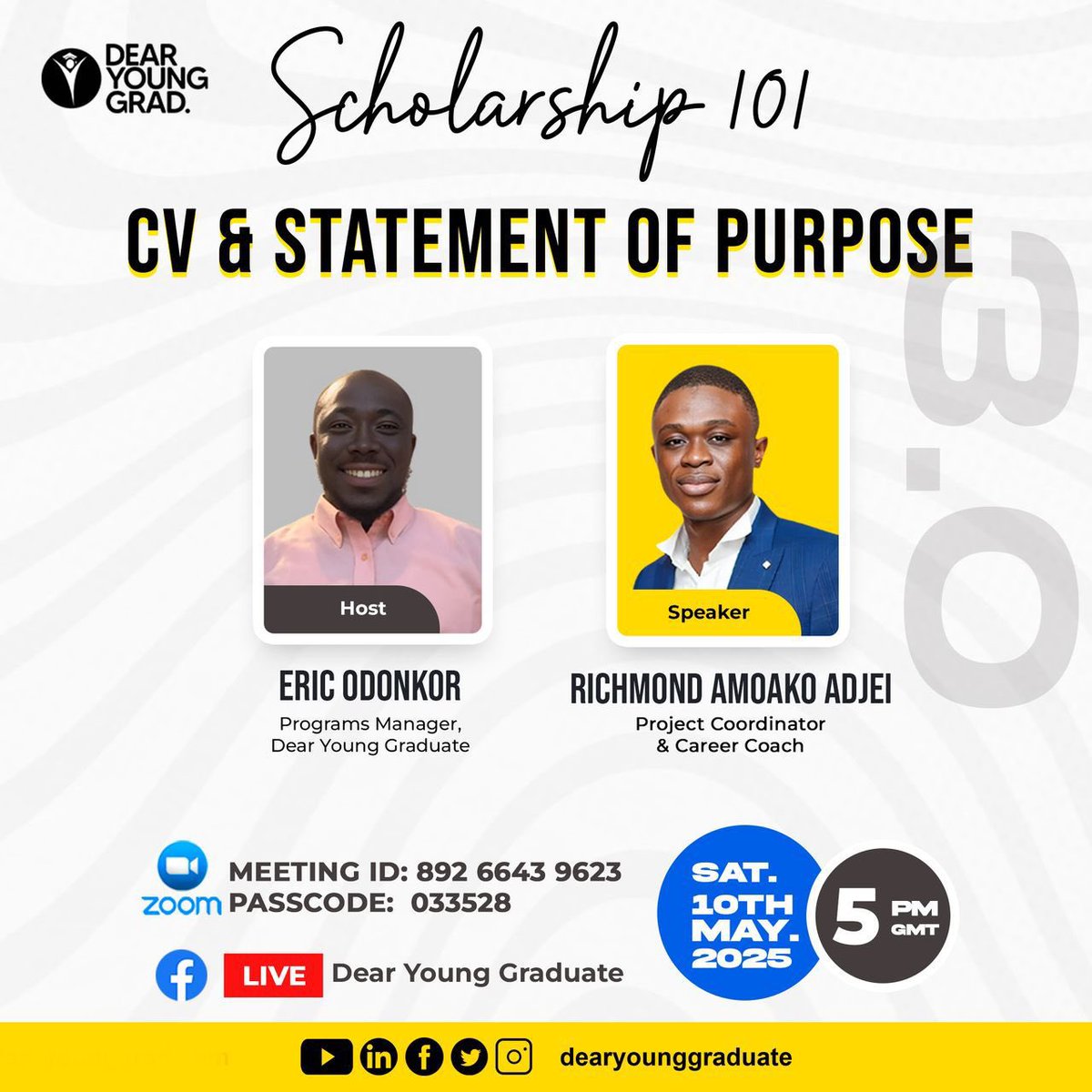 We go again today !

Bring all your questions because we have all the answers. 

Make a date!
Tell a friend. 

#Dearyounggraduate
#Scholarships
#cv