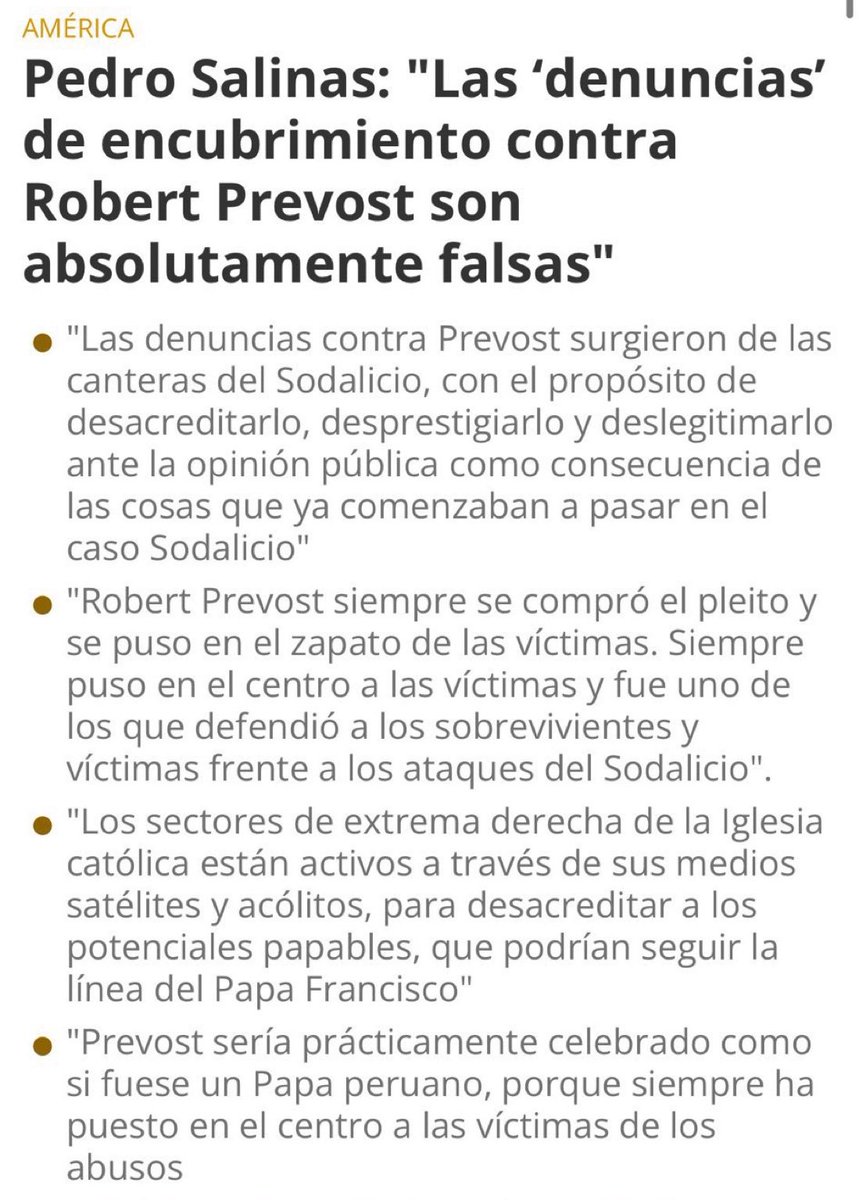 #09May 🇵🇪 | LEÓN XIV: El periodista peruano Pedro Salinas señaló, tras un trabajo de investigación, que las denuncias de encubrimiento contra Prevost eran falsas y surgían del Soldalicio, organización que fue disuelta por el Papa Francisco días antes de morir.