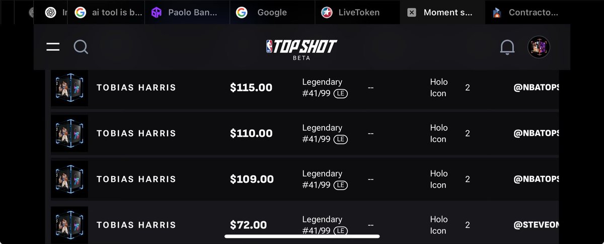 JoeyHammer (@joeyhammer9) on Twitter photo This is a genuine question. The <a href="/NBATopShot/">NBA Top Shot</a> buy back act has made up 14 of the last 15 Tobias Haris S2 Holo purchases. (The one they didn’t buy was actually sold to them 3hrs later). If someone sold it back to you at 110, why are you buying it back again at 115? This is a genuine question. The <a href="/NBATopShot/">NBA Top Shot</a> buy back act has made up 14 of the last 15 Tobias Haris S2 Holo purchases. (The one they didn’t buy was actually sold to them 3hrs later). If someone sold it back to you at 110, why are you buying it back again at 115?