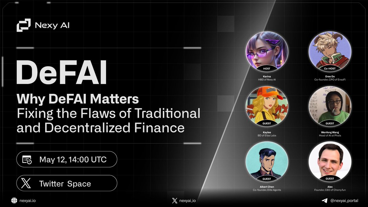 AMA Alert: Why DeFAI Matters?

Join us on May 12, 2025 at 2:00 PM UTC on X Space for a live AMA! 
🎙Topic: Why DeFAI Matters? Fixing the Flaws of Traditional and Decentralized Finance

🔗 Mark your calendar and join here: x.com/i/spaces/1PlJQ…

👥 Hosted by:
➡️ Karina – HBD of