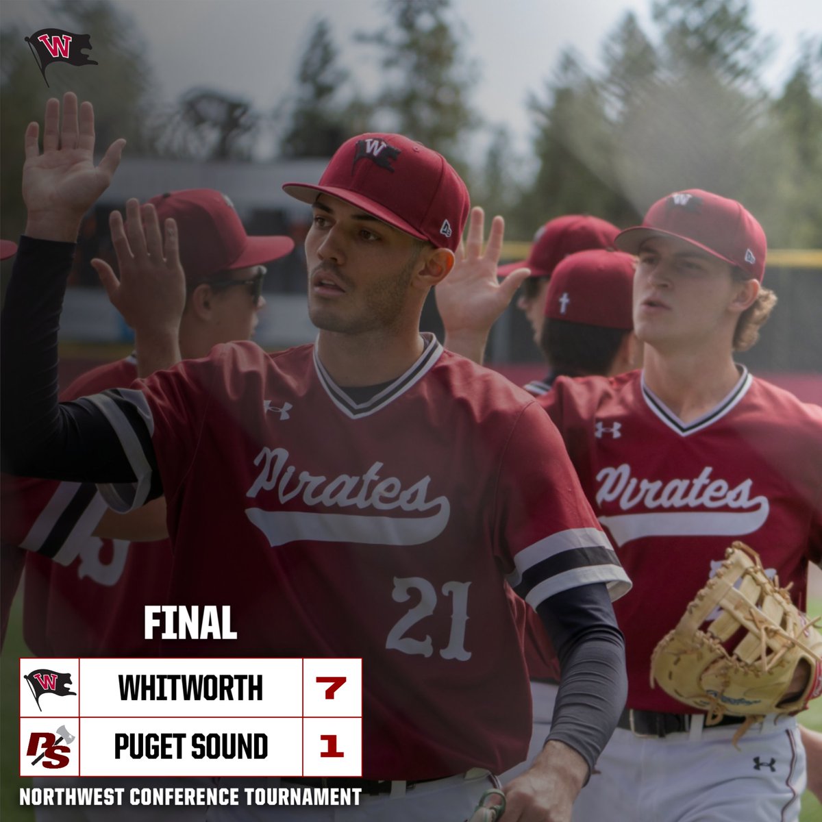 Moving on! Quentin O'Connor's complete game leads the Pirates to a NWC Tournament Championship appearance against Pacific. Game one is schedule to begin Saturday at noon. 🏴‍☠️ #sgobucs