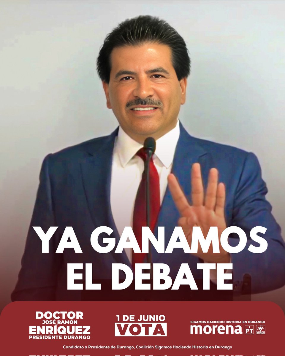 Infusión (@infoinfusiondgo) on Twitter photo 🗣|| Se declara el <a href="/DrRamonEnriquez/">José Ramón Enríquez</a> ganador del #DebateIEPC
Asegura su equipo que, de acuerdo a 14 encuestas, su planilla ganará la elección a la presidencia municipal de #Durango y estarán listos para que la 4T llegue a la capital duranguense. 📊 🗣|| Se declara el <a href="/DrRamonEnriquez/">José Ramón Enríquez</a> ganador del #DebateIEPC
Asegura su equipo que, de acuerdo a 14 encuestas, su planilla ganará la elección a la presidencia municipal de #Durango y estarán listos para que la 4T llegue a la capital duranguense. 📊
