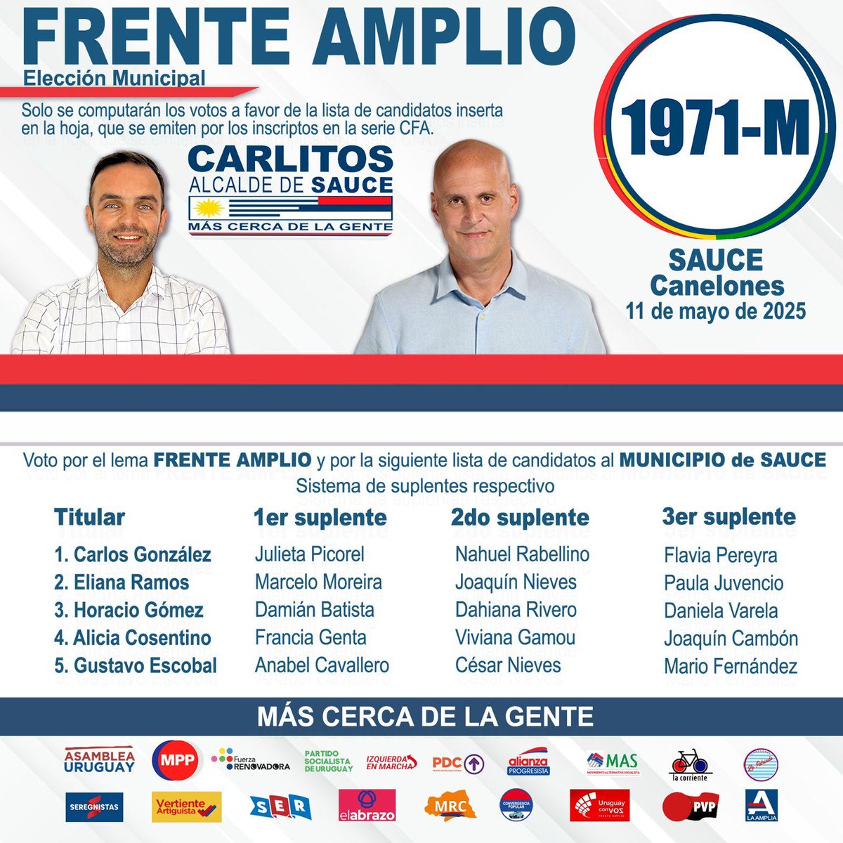 Horacio Gómez (@horaciodesauce) on Twitter photo Éste 11 de Mayo vota renovación, vota cambios, vota esperanza ❤️💙🤍
212195 Legnani Intendente
1971-M Carlos Alcalde
<a href="/FLegnaniSilva/">Francisco Legnani</a>
<a href="/AsambleaUruguay/">Asamblea Uruguay</a>
<a href="/JoseCarlosMahia/">José Carlos Mahía</a>
<a href="/GalloCantera/">Luis Enrique Gallo</a>
<a href="/GGarrido__/">Gabriela Garrido</a>
<a href="/Miguelorenzoni/">Miguel Lorenzoni Herrera</a> Éste 11 de Mayo vota renovación, vota cambios, vota esperanza ❤️💙🤍
212195 Legnani Intendente
1971-M Carlos Alcalde
<a href="/FLegnaniSilva/">Francisco Legnani</a>
<a href="/AsambleaUruguay/">Asamblea Uruguay</a>
<a href="/JoseCarlosMahia/">José Carlos Mahía</a>
<a href="/GalloCantera/">Luis Enrique Gallo</a>
<a href="/GGarrido__/">Gabriela Garrido</a>
<a href="/Miguelorenzoni/">Miguel Lorenzoni Herrera</a>