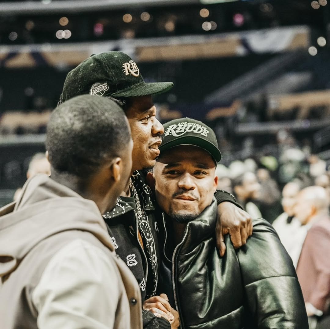 He loves that Rhude jacket.
Pic #3 with Rhuigi Rhude's founder.