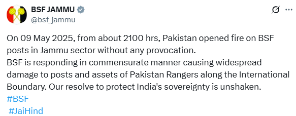 NELiveTV's tweet image. "On 09 May 2025, from about 2100 hrs, Pakistan opened fire on BSF posts in the Jammu sector without any provocation...": BSF

#INDPAKWar #openfire #bsfposts #jammu #northeastlive