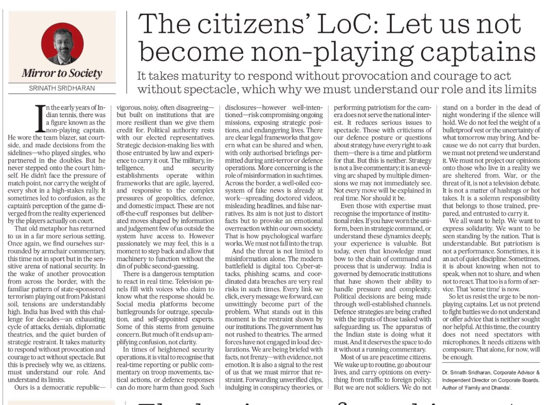 Srinath (@ssmumbai) on Twitter photo We are peace-time #citizens , and in times like these, the most powerful thing we can do is #trust our #institutions , stay vigilant against #Misinformation , and let the real #captains do their job.
My oped in <a href="/fpjindia/">Free Press Journal</a>
freepressjournal.in/analysis/citiz…
#IndianArmy #IndiaPakistanWar We are peace-time #citizens , and in times like these, the most powerful thing we can do is #trust our #institutions , stay vigilant against #Misinformation , and let the real #captains do their job.
My oped in <a href="/fpjindia/">Free Press Journal</a>
freepressjournal.in/analysis/citiz…
#IndianArmy #IndiaPakistanWar