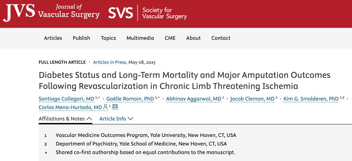 Santiago Callegari (@sacalle1) on Twitter photo Happy to share our latest work co-led with the best biostatistician out there <a href="/GaelleRomain_Y/">Gaëlle Romain, PhD</a> exploring the role of diabetes and long term vascular outcomes among patients with advanced PAD! <a href="/YaleVAMOS/">YaleVAMOS</a> <a href="/KimGSmolderen/">Kim G. Smolderen, PhD</a> <a href="/CarlosMenaYale/">Carlos Mena</a>
Out now in <a href="/JVascSurg/">Journal of Vascular Surgery</a> ⬇️⬇️⬇️ Happy to share our latest work co-led with the best biostatistician out there <a href="/GaelleRomain_Y/">Gaëlle Romain, PhD</a> exploring the role of diabetes and long term vascular outcomes among patients with advanced PAD! <a href="/YaleVAMOS/">YaleVAMOS</a> <a href="/KimGSmolderen/">Kim G. Smolderen, PhD</a> <a href="/CarlosMenaYale/">Carlos Mena</a>
Out now in <a href="/JVascSurg/">Journal of Vascular Surgery</a> ⬇️⬇️⬇️