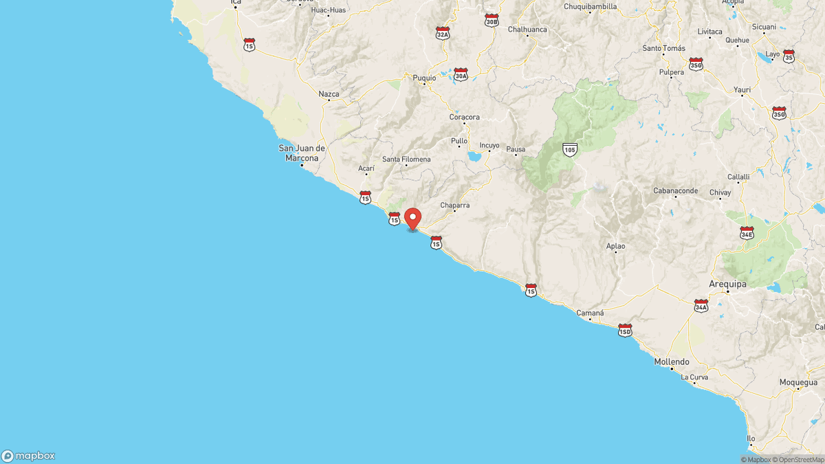 QuakeAlerts's tweet photo. A magnitude 5.3 earthquake took place Near Coast Of Southern Peru at 03:34 UTC (7 minutes ago). The depth was 58km and was reported by EMSC. #earthquake #earthquakes #Coracora #Peru https://t.co/qFwGd58A2A