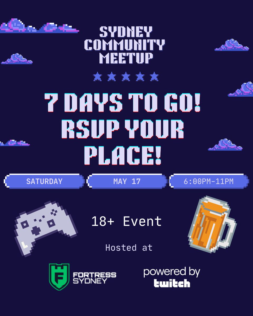 Sydney Community Meetup (@twitchsydney) on Twitter photo 🎮 SYDNEY COMMUNITY MEETUP — 7 DAYS TO GO! 🎉
Get ready to connect, vibe & game with fellow creators and fans!
📅 Saturday, May 17
🕕 6:00PM–11:00PM
📍 Fortress Sydney
🍻 18+ event | Powered by <a href="/Twitch/">Twitch</a>
👉 RSVP now to secure your spot — link in the replies! 🎮 SYDNEY COMMUNITY MEETUP — 7 DAYS TO GO! 🎉
Get ready to connect, vibe & game with fellow creators and fans!
📅 Saturday, May 17
🕕 6:00PM–11:00PM
📍 Fortress Sydney
🍻 18+ event | Powered by <a href="/Twitch/">Twitch</a>
👉 RSVP now to secure your spot — link in the replies!