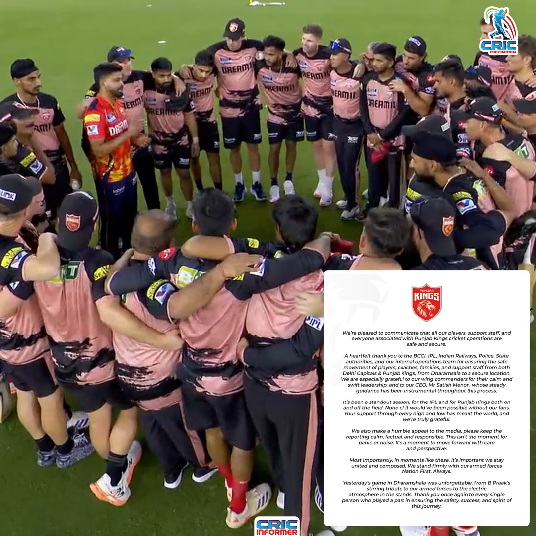 "Punjab Kings has assured that all players and support staff are safe"

#IPL2025 #IPL #BCCI #IndianCricketTeam #CricketTwitter #CricketNews #CricketUpdate #PahalgamAttack #DCvsPBKS 

<a href="/IPL/">IndianPremierLeague</a> 
<a href="/PunjabKingsIPL/">Punjab Kings</a>