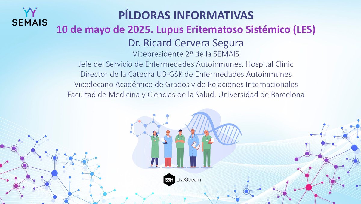 🔬 Hoy, #DíaMundialDelLupus, el Dr. Ricard Cervera, Vicepresidente 2º de la SEMAIS, nos recuerda la importancia de dar visibilidad al Lupus Eritematoso Sistémico, una enfermedad autoinmune que impacta a millones de personas.

🎥 Vídeo completo buff.ly/wxRaaLK