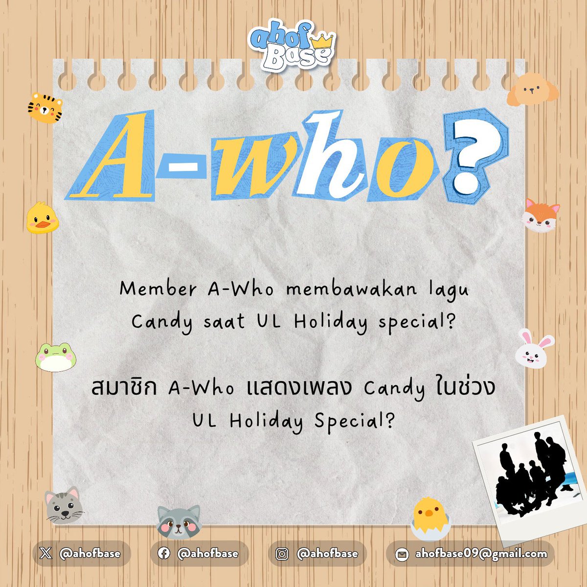 ahofbase's tweet photo. YAHOF! Apologies for the delay. Hereβs the last TMI for the day. Deduce and recall to get this correctly!
Answer by replying your @username - your answer using the official tags of the members + #A_Who. The answer should be 1 person only.
The answer will be posted on May 11th, so make sure to take note of your answers for every question!
#AHOF #μν
@AHOF_official
