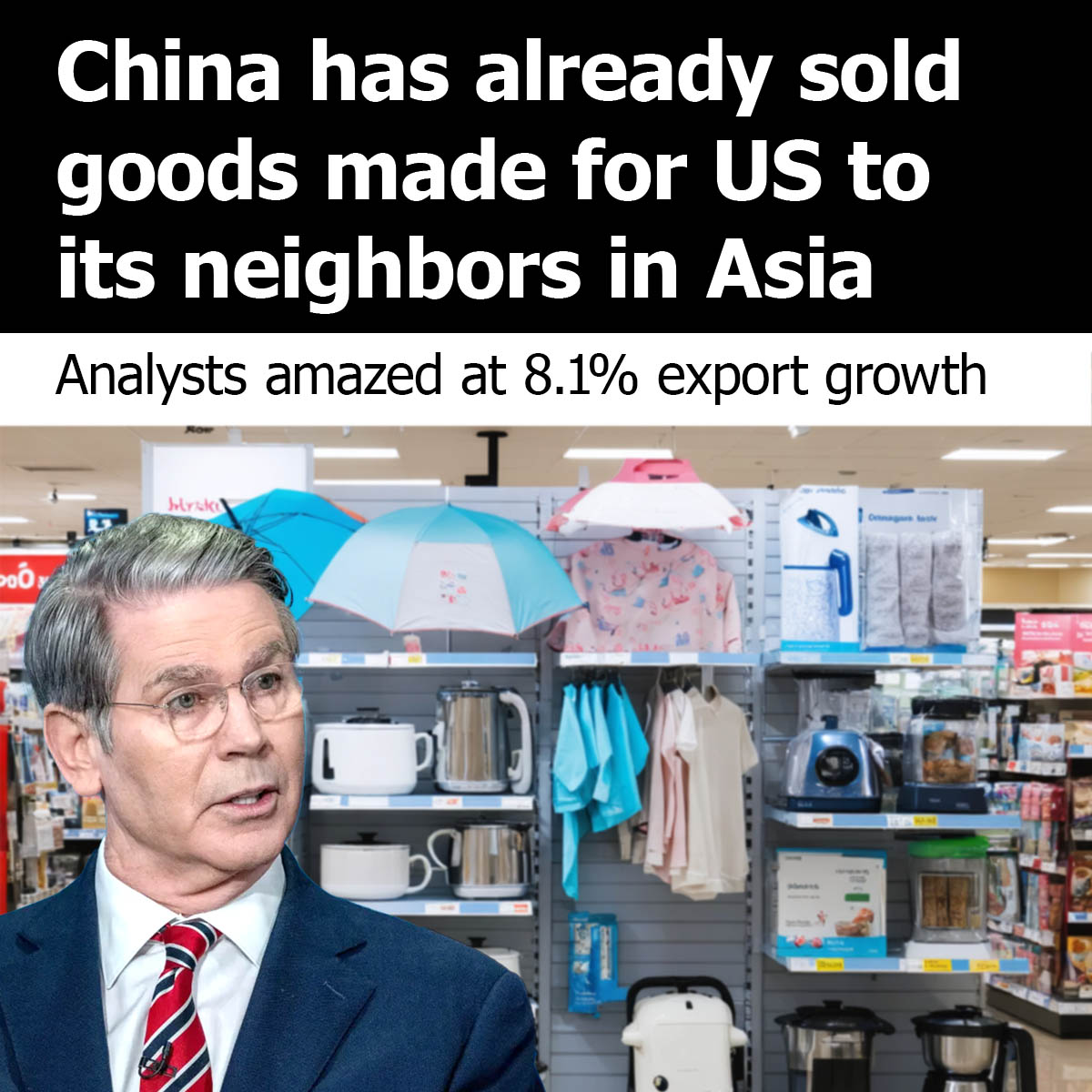 NuryVittachi's tweet photo. CHINA HAS ALREADY sold huge amounts of products originally meant for US consumers to its neighbors, it was revealed today. 

And the neighbors are buying big, giving China giant an 8.1%  boost in export sales, surprising analysts. 

"In early April, I said that Trump's tariffs on China will strengthen trade ties between China and the rest of the world in the next few years," said Prof Justin Hauge of Cambridge University in the UK, commenting on X. "It didn't take a few years. It took a month."

This is bad news for US Treasury chief Scott Bessent as he heads into negotiations later today in Switzerland, to bargain with Chinese Vice Premier He Lifeng.

.

THE NUMBERS
Newly published figures show exports from China rose a staggering 8.1% in April, compared to this time last year. Most of the goods are being snapped up by Indonesia, Vietnam, Thailand, and other countries.

Bloomberg's stable of analysts predicted a 2% rise and Reuters predicted a 1.9% jump.

The 8.1% leap follows 12.4% growth in March, when exporters worked overtime to beat the April 2 launch of Donald Trump's "global tariff attack".

The Financial Times quoted Heron Lim, an economist at Moody’s Analytics, saying that, while China's trade with the US dropped 21% year-on-year in April, it rose by an equal percentage with south-east Asian nations and 8 per cent with the EU.

Economists have been arguing that the US has an inability to see itself as it really is, a community of just 4.25% of the world. 

China, which is focused on trade rather than politics, makes goods for anyone who will buy—and that means the other 95% of humanity will do just fine as substitute customers.