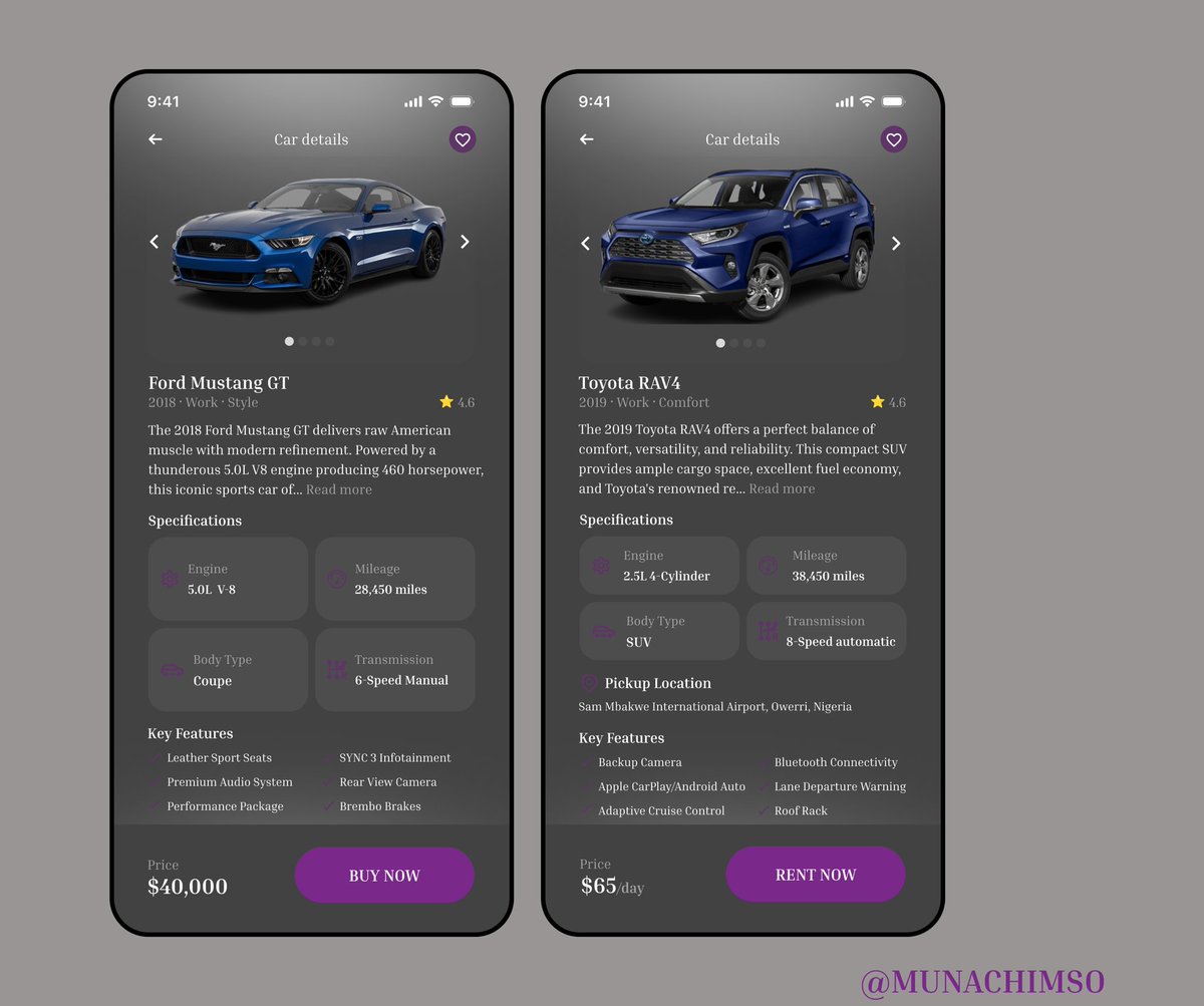 munale_'s tweet image. Day 4 of my design challenge 🚗✨️. I've completed the Car Details page for AutoMuse, giving users a seamless experience when buying or renting a car, with a clear overview of car details, specs, price, and pickup location. #DesignInProgress #DIP #CarApp