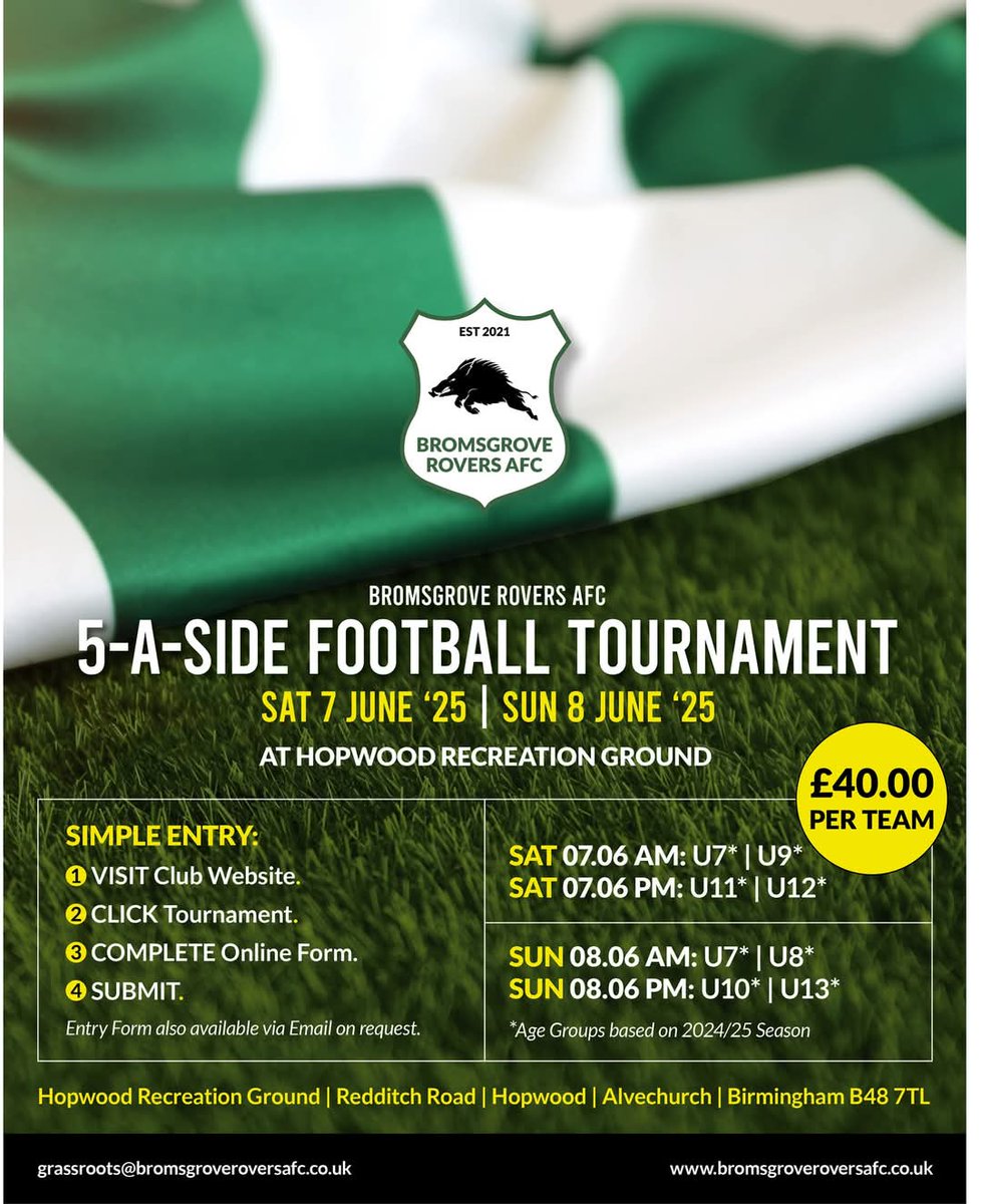 We are Proud to announce Our summer Tournament taking place on Saturday 7th June 2025 and Sunday 8th June 2025 at Hopwood recreation ground B48 7TL to book your teams place please head over to bromsgroverovers.co.uk 💚🤍🐗