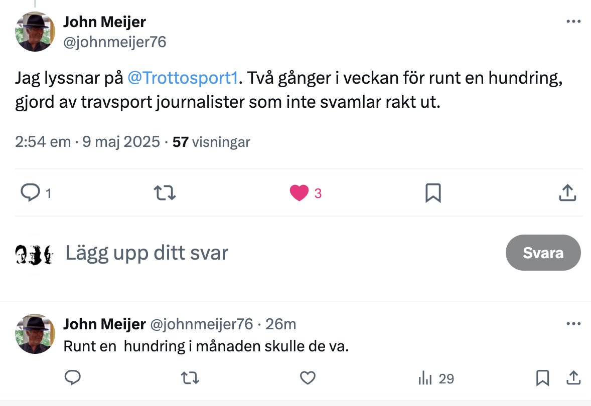 Vi säger inte emot John. Och tänker – gör som John! Två avsnitt i veckan för enbart 20 kronor, och det blir till ungefär den där hundringen i månaden. Fri journalistik, nutid, historia, kultur – och humor. Bli prenumerant här:
patreon.com/user?u=8719853