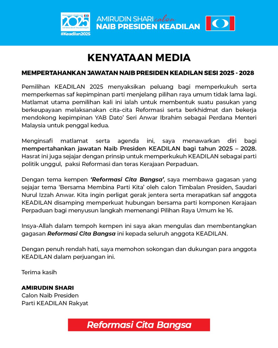 Bismillahirahmanirahim

Pemilihan KEADILAN 2025 menyaksikan peluang bagi memperkukuh serta memperkemas saf kepimpinan parti menjelang pilihan raya umum tidak lama lagi. Matlamat utama pemilihan kali ini ialah untuk membentuk suatu pasukan yang berkeupayaan melaksanakan cita-cita
