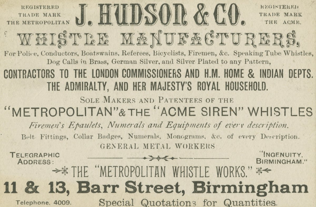 Birmingham Archives & Collections (@theironroom) on Twitter photo #CityOf1000Trades A trade card for J Hudson & Co founded in the 1870s in Birmingham by two brothers, Joseph and James. The company became a manufacturer of whistles and continues as Acme Whistles with headquarters in the Jewellery Quarter. Ref: MS 4834/1234 <a href="/LibraryofBham/">LibraryofBirmingham</a> <a href="/AcmeW/">Acme Whistles</a> #CityOf1000Trades A trade card for J Hudson & Co founded in the 1870s in Birmingham by two brothers, Joseph and James. The company became a manufacturer of whistles and continues as Acme Whistles with headquarters in the Jewellery Quarter. Ref: MS 4834/1234 <a href="/LibraryofBham/">LibraryofBirmingham</a> <a href="/AcmeW/">Acme Whistles</a>