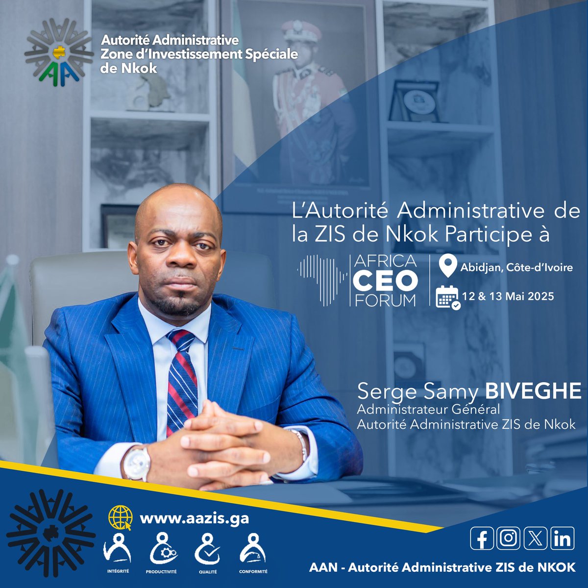 [Agenda] Serge Samy Biveghe (AANZIS) représentera la ZIS de Nkok à l’#AfricaCEOForum 2025 à Abidjan.
#InvestInGabon #ZISNkok