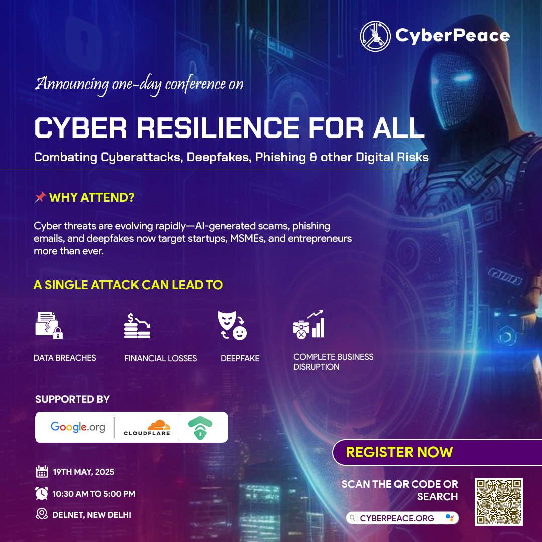 CyberPeace Foundation (@cyberpeacengo) on Twitter photo Cyber Resilience for All: Combating Cyberattacks, Deepfakes, Phishing & other Digital Risks
The future of cybersecurity demands collaboration — and action. Join #CyberPeace☮️, in association with
<a href="/Googleorg/">Google.org</a>, <a href="/Cloudflare/">Cloudflare</a> & <a href="/AutobotInfosec/">Autobot Infosec</a> for a high-impact one-day conference Cyber Resilience for All: Combating Cyberattacks, Deepfakes, Phishing & other Digital Risks
The future of cybersecurity demands collaboration — and action. Join #CyberPeace☮️, in association with
<a href="/Googleorg/">Google.org</a>, <a href="/Cloudflare/">Cloudflare</a> & <a href="/AutobotInfosec/">Autobot Infosec</a> for a high-impact one-day conference