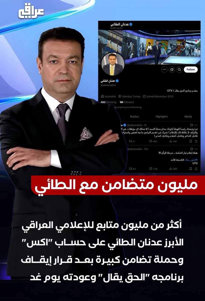 أكثر من مليون متابع للإعلامي العراقي الأبرز عدنان الطائي على حساب "اكس" وحملة تضامن كبيرة بعد قرار إيقاف برنامجه "الحق يقال" وعودته يوم غد  
#عدنان_الطائي #العراق #حرية_التعبير #الحق_يقال