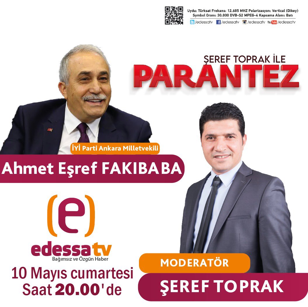 Dr. Ahmet Eşref FAKIBABA (@aefakibaba) on Twitter photo Bu akşam saat 20.00’de, Edessa TV’de Şeref Toprak’ın moderatörlüğünü yaptığı Parantez programının canlı yayın konuğu olacağım.
📅 10 Mayıs Cumartesi
⏰ Saat 20.00
📺 Edessa TV
<a href="/iyiparti/">İYİ Parti</a> <a href="/MDervisogluTR/">Müsavat Dervişoğlu</a> <a href="/iyiparti_urfa/">İYİ PARTİ ŞANLIURFA İL BAŞKANLIĞI,</a> <a href="/HasanSavas_/">Hasan Savaş</a> <a href="/AliErogllu/">Ali £roğlu</a> <a href="/HasanToktasTR/">Hasan Toktaş</a> <a href="/iyieyb/">İYİ PARTİ EYYÜBİYE☀️</a> Bu akşam saat 20.00’de, Edessa TV’de Şeref Toprak’ın moderatörlüğünü yaptığı Parantez programının canlı yayın konuğu olacağım.
📅 10 Mayıs Cumartesi
⏰ Saat 20.00
📺 Edessa TV
<a href="/iyiparti/">İYİ Parti</a> <a href="/MDervisogluTR/">Müsavat Dervişoğlu</a> <a href="/iyiparti_urfa/">İYİ PARTİ ŞANLIURFA İL BAŞKANLIĞI,</a> <a href="/HasanSavas_/">Hasan Savaş</a> <a href="/AliErogllu/">Ali £roğlu</a> <a href="/HasanToktasTR/">Hasan Toktaş</a> <a href="/iyieyb/">İYİ PARTİ EYYÜBİYE☀️</a>