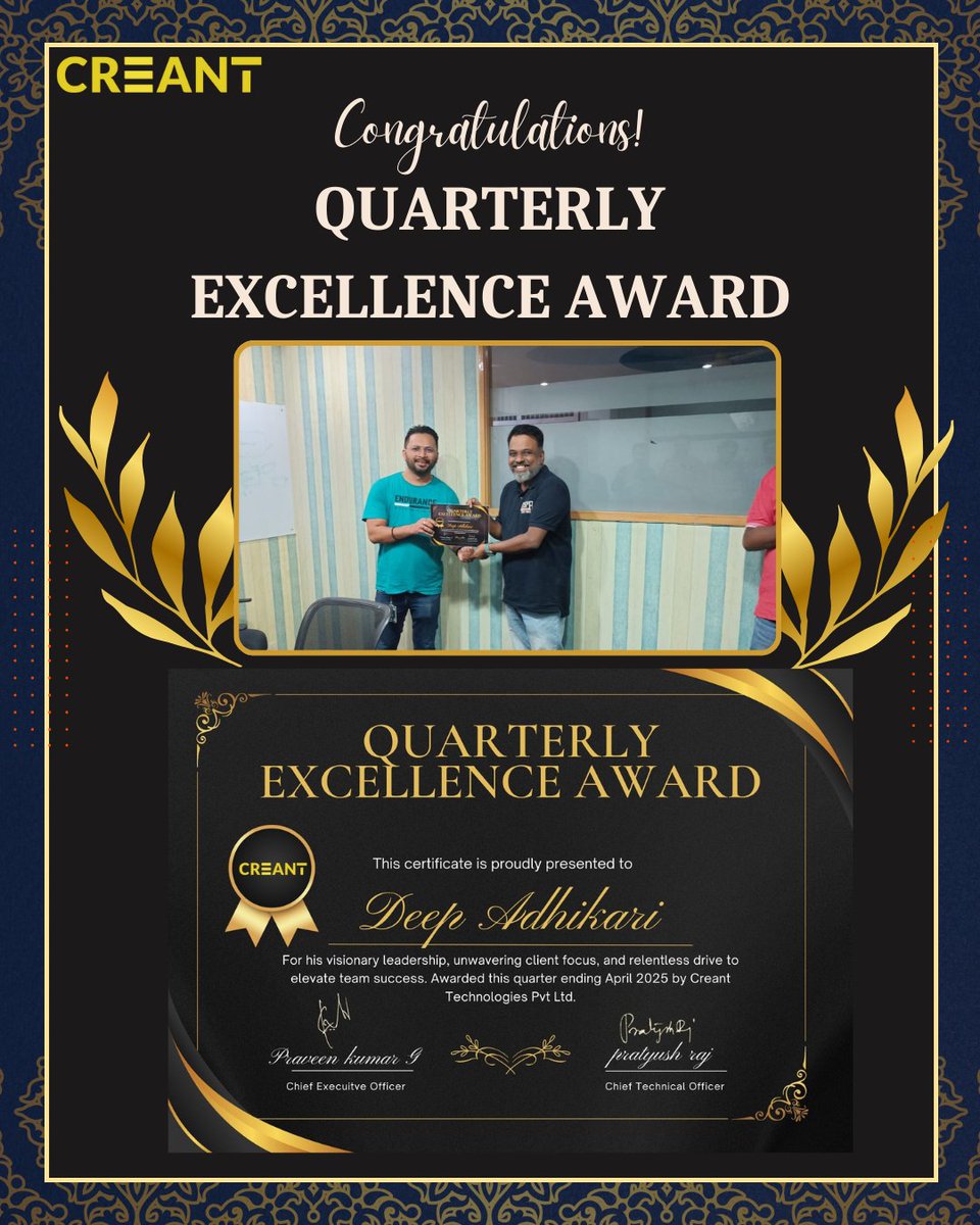 CreantTech's tweet image. 🌟 Quarterly Excellence Award Winner! 🌟
Thrilled to honor Deep Adhikari for his outstanding leadership and innovation at Creant!
 ✅ From Developer to Visionary Leader: Guiding teams since Creant’s inception.
 ✅ Client-First Champion: Delivering top-tier solutions
