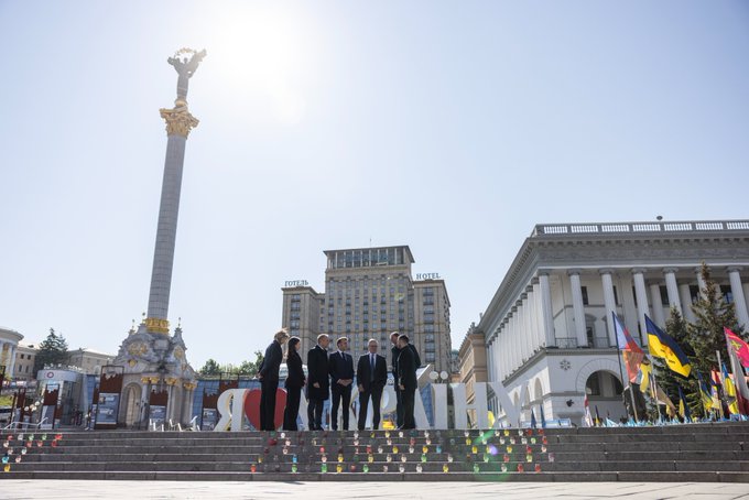 Prime Minister Keir Starmer, Emmanuel Macron, French President, and Friedrich Merz, German Chancellor and Poland Prime Minister Donald Tusk and Volodymyr Zelenskyy, President of Ukraine attend a candle ceremony at Maidan Square during a visit to Ukraine.