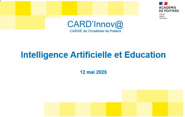 L'équipe du CARDIE organise un CARD'INNOV@ le lundi 12 mai de 18h à 19 h. La thématique est Intelligence Artificielle et Education.
Au plaisir de votre retrouver sur ce lien : visio-agents.education.fr/meeting/signin…