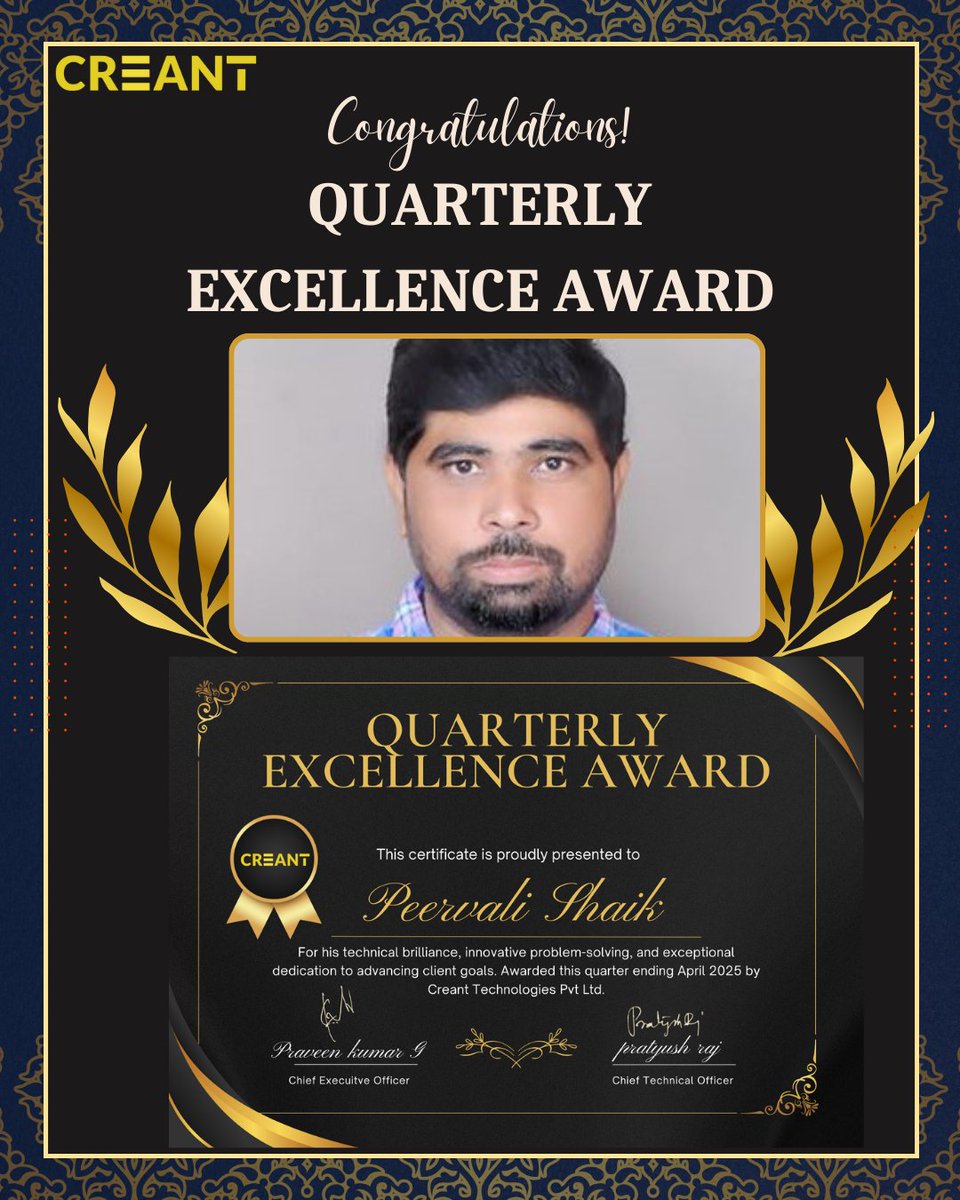 CreantTech's tweet image. 🔥 Quarterly Excellence Award Winner! 🔥
Big applause for Peervali Shaik, a powerhouse of expertise and client-driven excellence!
 ✅ Liferay SME: Go-to authority for precision-driven technical solutions.
 ✅ Client Hero: Solving complex challenges with seamless execution.