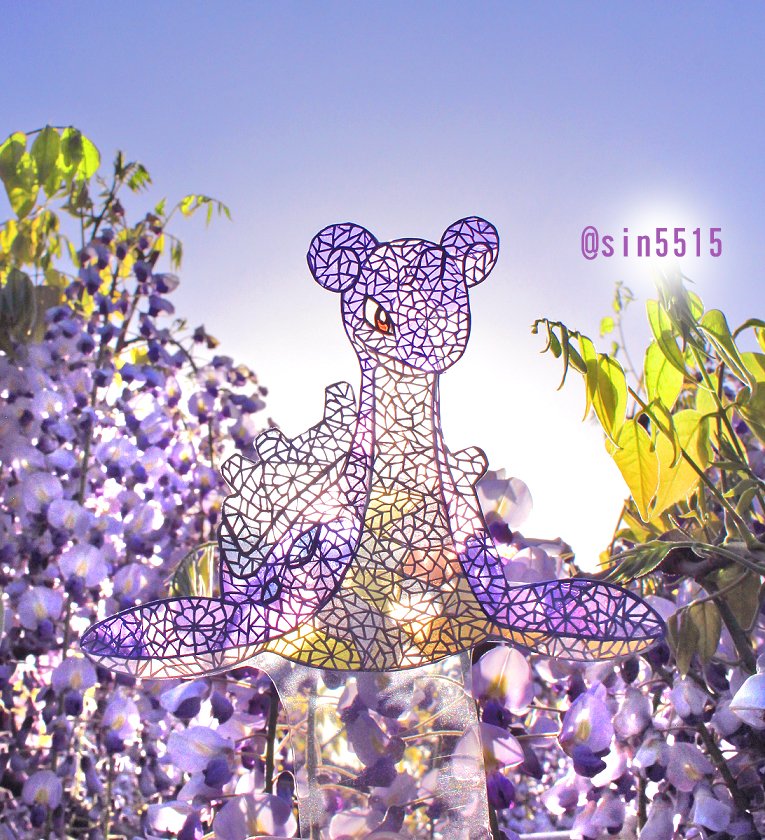 ラプラス色違いの切り絵手作り！
満開の藤の花に透かし撮影
#我が家のポケモンしんちゃんに見せる