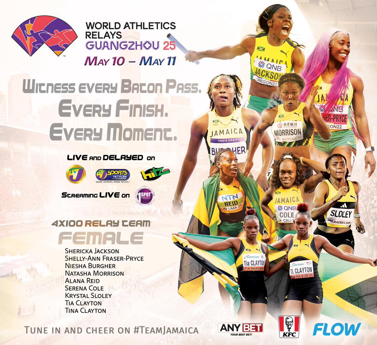 Tune in to TVJ, TVJ SN and Hitz 92FM for all the baton changing action.

Live coverage starts on TVJ Sports Network and Hitz 92FM at 6am, with delayed coverage on TVJ starting at 9:30am Saturday morning.
#WorldRelays #Athletics  #TrackandField