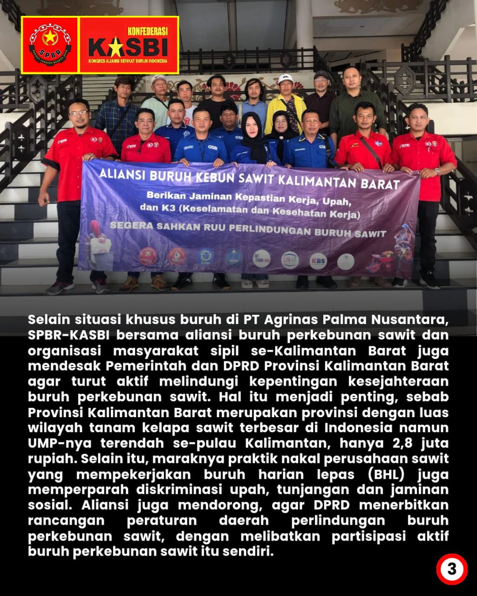 KasbiIndo's tweet photo. Serikat Pekerja Borneo Raya SPBR-KASBI menggugat tanggung jawab negara! Dibalik keuntungan besar perusahaan sawit, ada derita buruh yang semakin melilit!
#kasbi #mudaberanimilitan #spbr #buruhsawit https://t.co/jmv8HWlXoV
