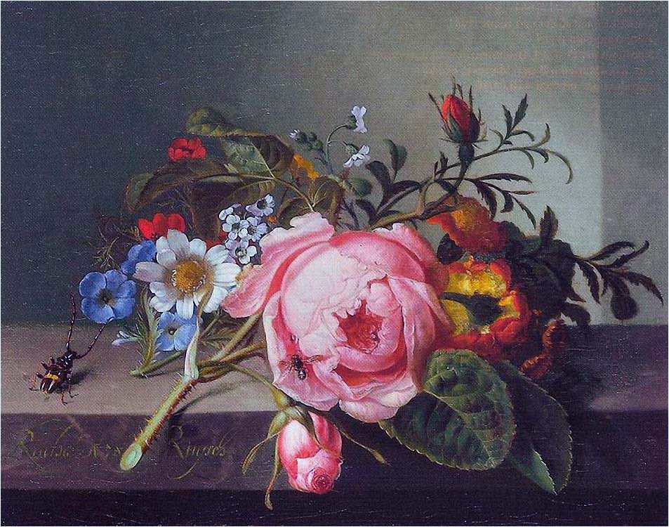 Bodegón de Rachel Ruysch (1664-1750). Pintora de flores e insectos de Países Bajos.
Firmada (inferior izquierda).