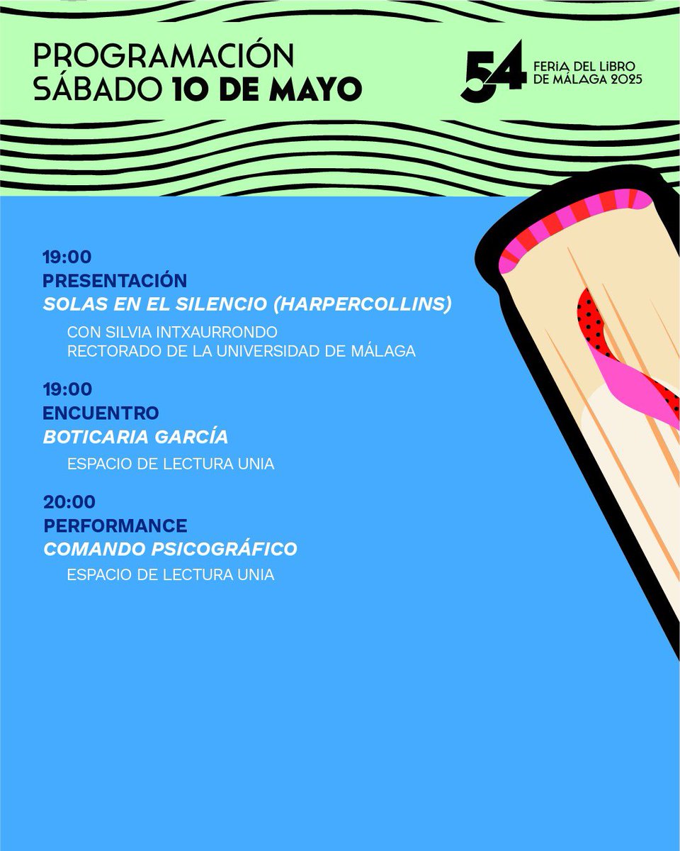 📚🌞💐 ¡Arranca el sábado en la #54FeriaLibroMálaga! Penúltimo día para perderse entre libros, descubrir nuevas lecturas y disfrutar de una programación llena de encuentros y propuestas especiales en el Paseo del Parque.

🕒 Horario de casetas: de 10:30 h a 14:30 h y de 16h a 21h