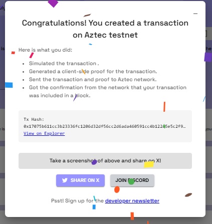 KTYNDRGN's tweet photo. I sent a private transaction on @aztecnetwork Public Testnet by generating a client-side proof.

Try it yourself with Aztec Playground: https://t.co/ORE8V1BC8N https://t.co/3hrkYt9gtp