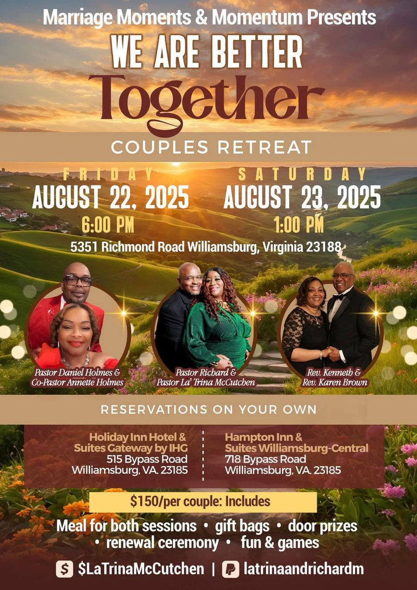 SpiritOfTruthMi's tweet image. 🔥🔥Marriage Moments &amp;amp; Momentum "We Are Better Together" Couples Retreat🔥🔥
🔥August 22 
&amp;amp; August 23 2025
🔥Williamsburg Va
🔥$150 Per Couple
🔥Send registration:
PayPal.me/latrinaandrich…