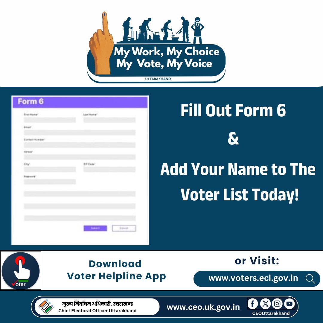 You’ve turned 18!
You’ve passed exams, made choices, grown stronger.

Now it’s time for a new milestone —
Filling Form 6 and becoming a registered voter.

#Form6
#ECI
#CEOUttarakhand
#VoterRegistration